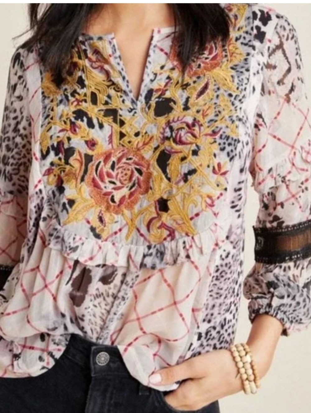 Anthropologie Mathilda White Multicolor Embroidered Floral & Animal Print Blouse